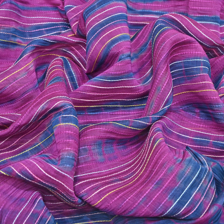 Tie & Dye Mul Chanderi Fabric with Thread Stripe Work – Lightweight Summer Designer Fabric MF05605-2