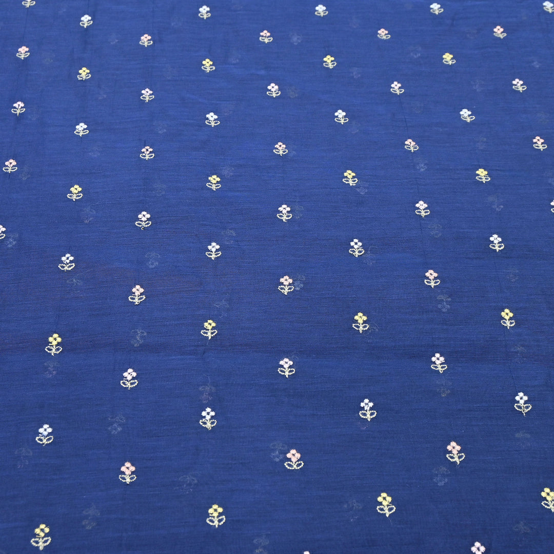 Navy Blue  Color Mul Chanderi Thread Buti Embroidery Fabric- Chanderi Buti MF5610-6