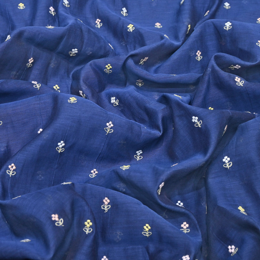Navy Blue  Color Mul Chanderi Thread Buti Embroidery Fabric- Chanderi Buti MF5610-6