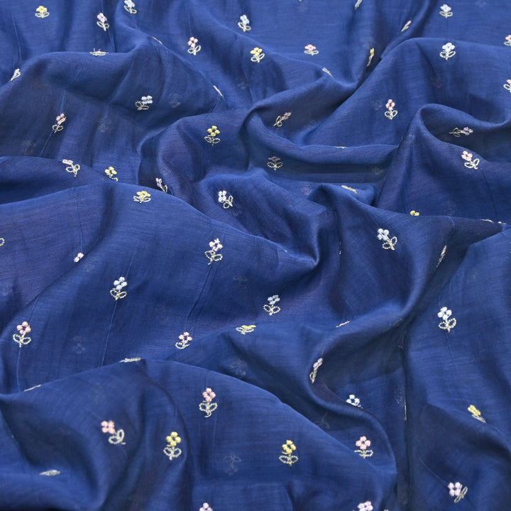Navy Blue  Color Mul Chanderi Thread Buti Embroidery Fabric- Chanderi Buti MF5610-6
