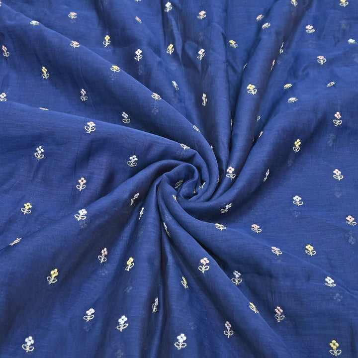 Navy Blue  Color Mul Chanderi Thread Buti Embroidery Fabric- Chanderi Buti MF5610-6