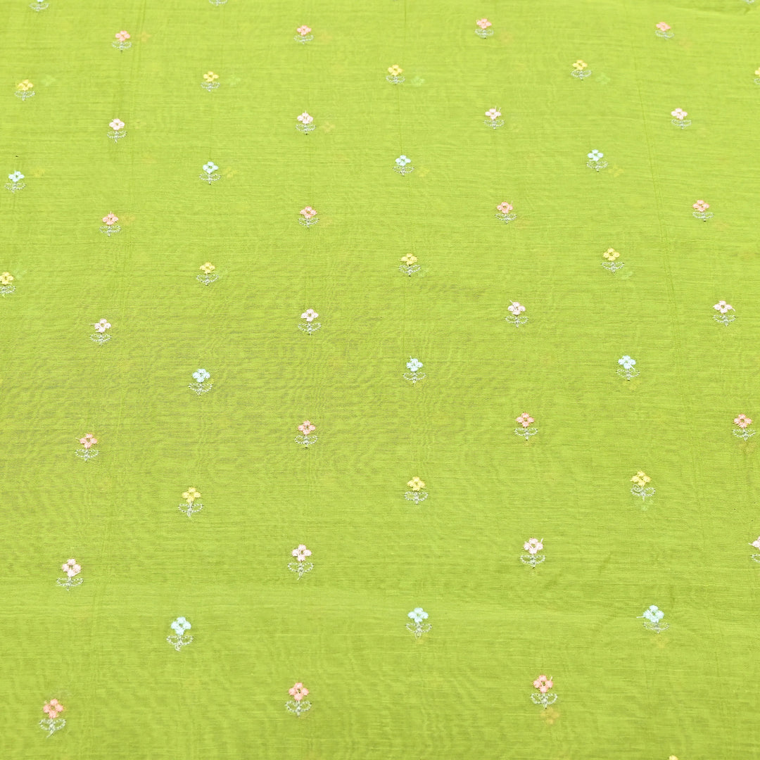 Parrot Green Color Mul Chanderi Thread Buti Embroidery Fabric- Chanderi Buti MF5610-7
