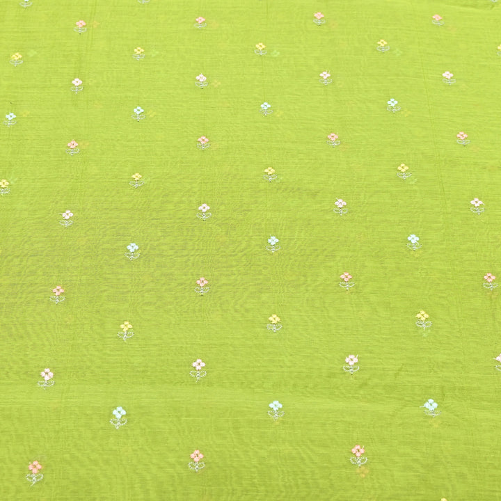 Parrot Green Color Mul Chanderi Thread Buti Embroidery Fabric- Chanderi Buti MF5610-7