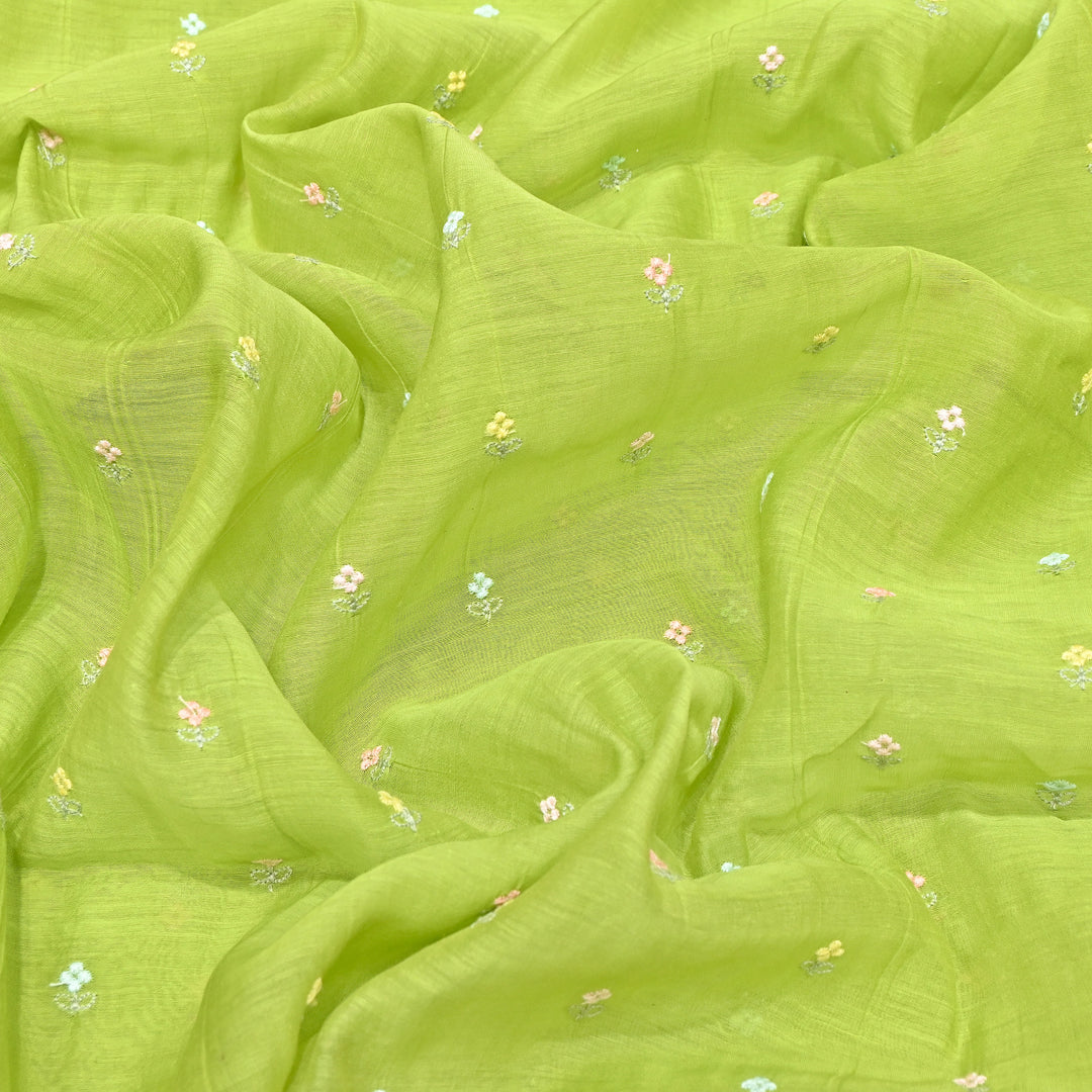 Parrot Green Color Mul Chanderi Thread Buti Embroidery Fabric- Chanderi Buti MF5610-7