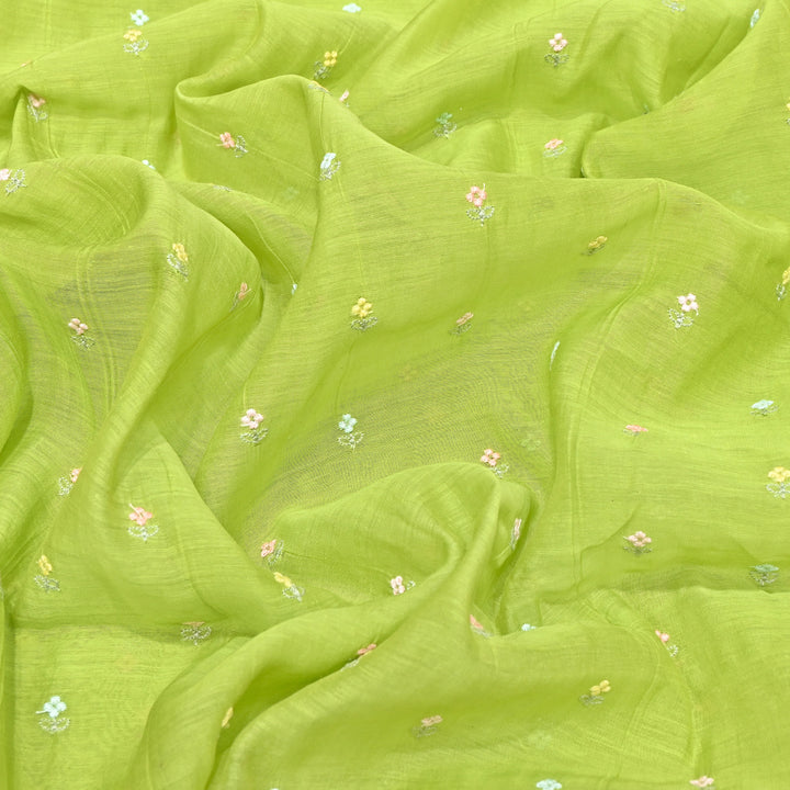 Parrot Green Color Mul Chanderi Thread Buti Embroidery Fabric- Chanderi Buti MF5610-7