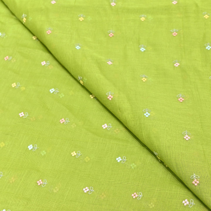 Parrot Green Color Mul Chanderi Thread Buti Embroidery Fabric- Chanderi Buti MF5610-7