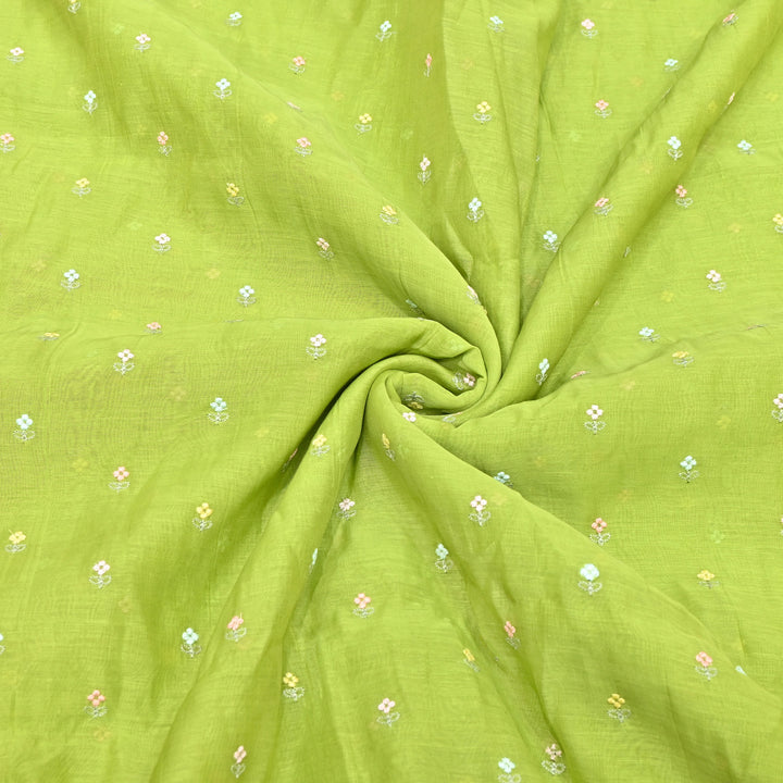 Parrot Green Color Mul Chanderi Thread Buti Embroidery Fabric- Chanderi Buti MF5610-7