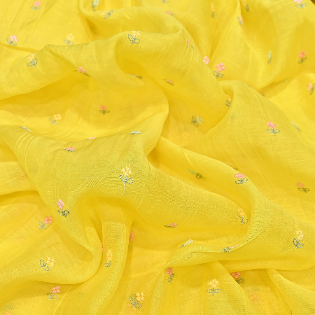 Yellow Color Mul Chanderi Thread Buti Embroidery Fabric- Chanderi Buti MF5610-8