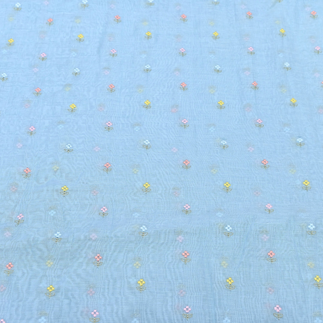 Sky Blue Color Mul Chanderi Thread Buti Embroidery Fabric- Chanderi Buti MF5610-9