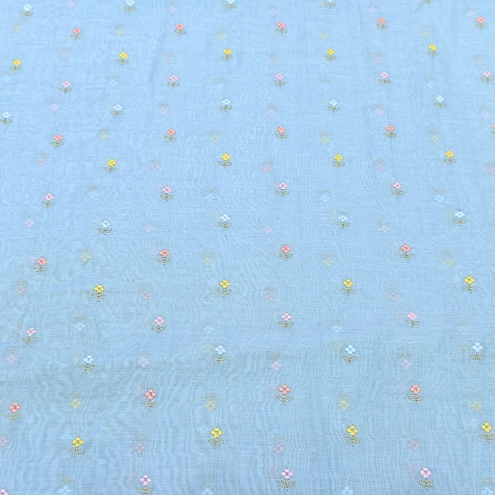 Sky Blue Color Mul Chanderi Thread Buti Embroidery Fabric- Chanderi Buti MF5610-9