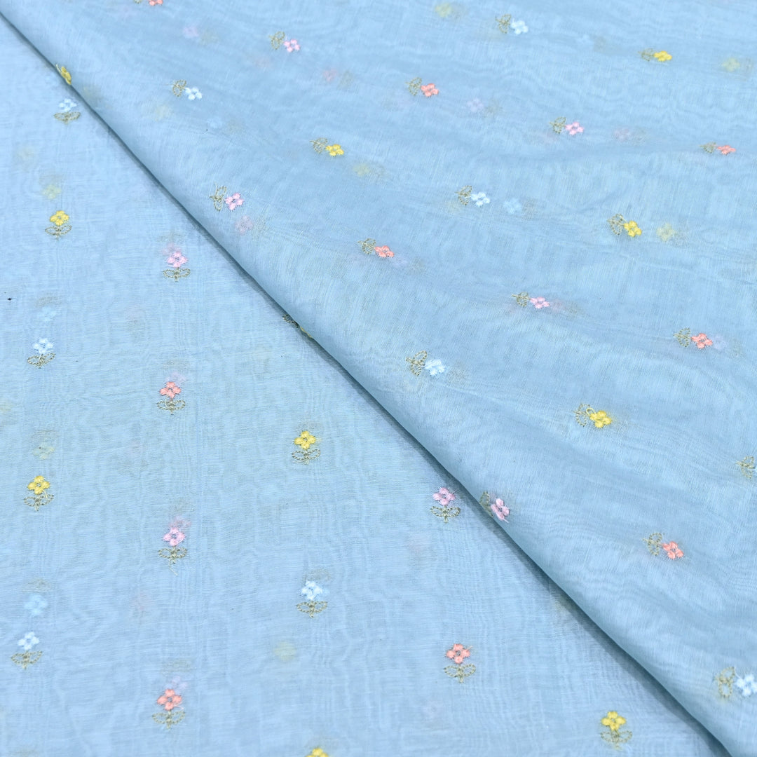 Sky Blue Color Mul Chanderi Thread Buti Embroidery Fabric- Chanderi Buti MF5610-9
