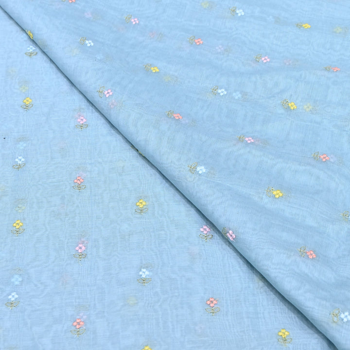Sky Blue Color Mul Chanderi Thread Buti Embroidery Fabric- Chanderi Buti MF5610-9