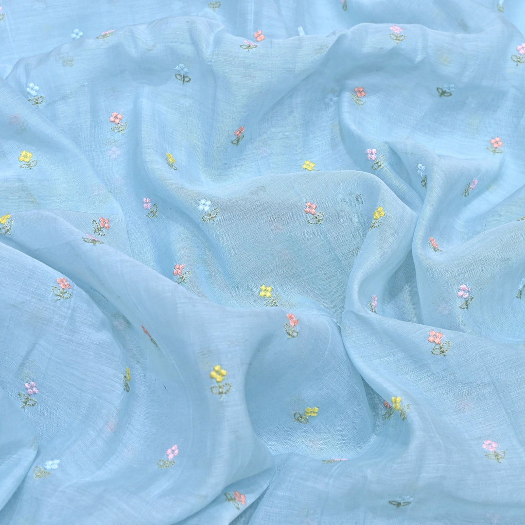 Sky Blue Color Mul Chanderi Thread Buti Embroidery Fabric- Chanderi Buti MF5610-9
