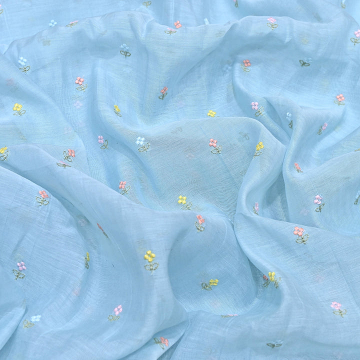 Sky Blue Color Mul Chanderi Thread Buti Embroidery Fabric- Chanderi Buti MF5610-9