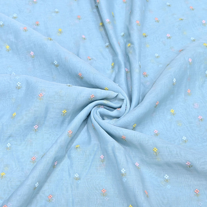 Sky Blue Color Mul Chanderi Thread Buti Embroidery Fabric- Chanderi Buti MF5610-9