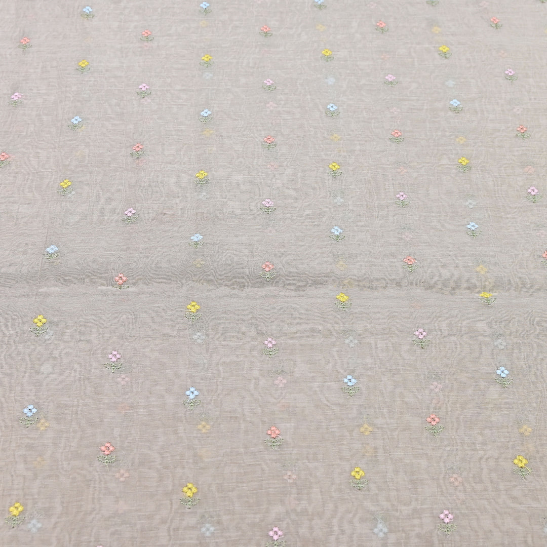 Light Beige Color Mul Chanderi Thread Buti Embroidery Fabric- Chanderi Buti MF5610-5