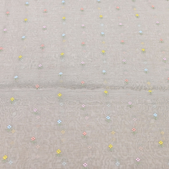 Light Beige Color Mul Chanderi Thread Buti Embroidery Fabric- Chanderi Buti MF5610-5