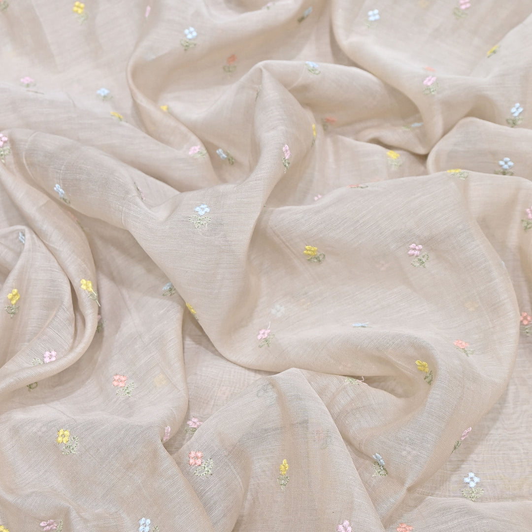 Light Beige Color Mul Chanderi Thread Buti Embroidery Fabric- Chanderi Buti MF5610-5