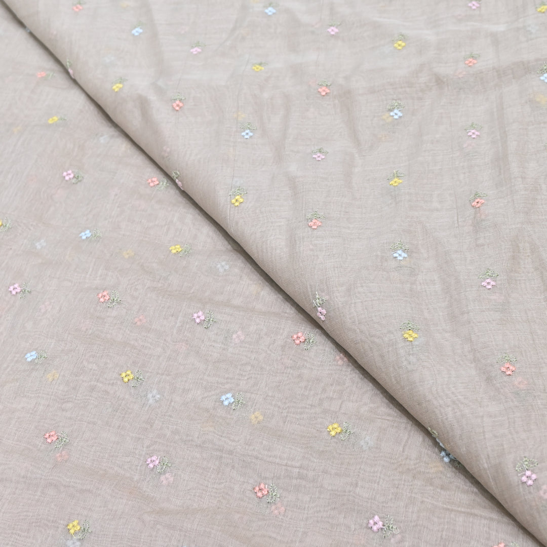 Light Beige Color Mul Chanderi Thread Buti Embroidery Fabric- Chanderi Buti MF5610-5