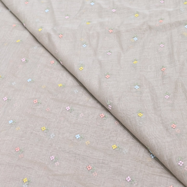 Light Beige Color Mul Chanderi Thread Buti Embroidery Fabric- Chanderi Buti MF5610-5