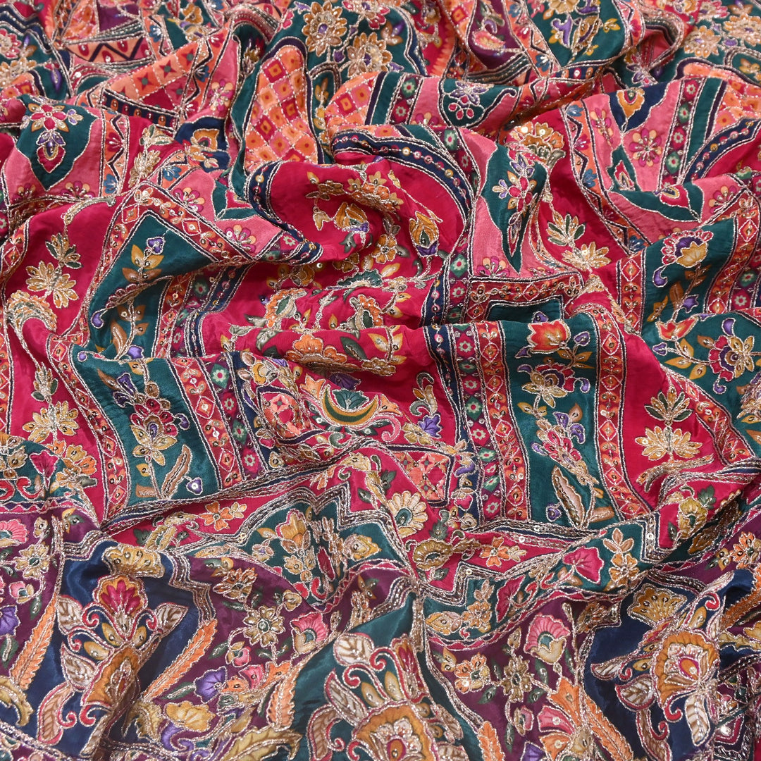 Multi Color Position Print Zari & Sequins Embroidery Fabric – Premium Designer Fabric-KF2672-5