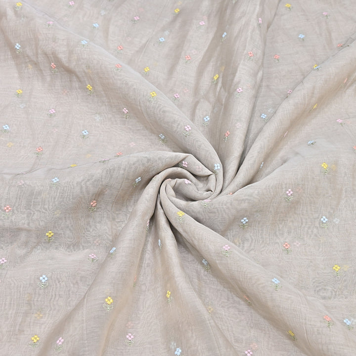 Light Beige Color Mul Chanderi Thread Buti Embroidery Fabric- Chanderi Buti MF5610-5
