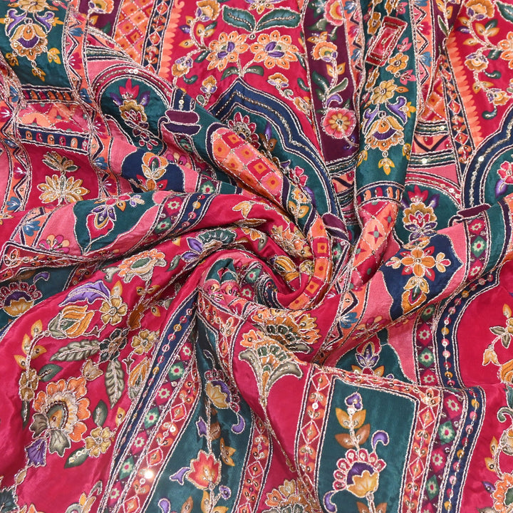 Multi Color Position Print Zari & Sequins Embroidery Fabric – Premium Designer Fabric-KF2672-5