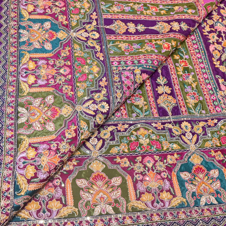 Multi Color Position Print Zari & Sequins Embroidery Fabric – Premium Designer Fabric-KF2672-8