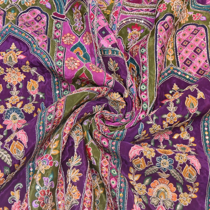 Multi Color Position Print Zari & Sequins Embroidery Fabric – Premium Designer Fabric-KF2672-8