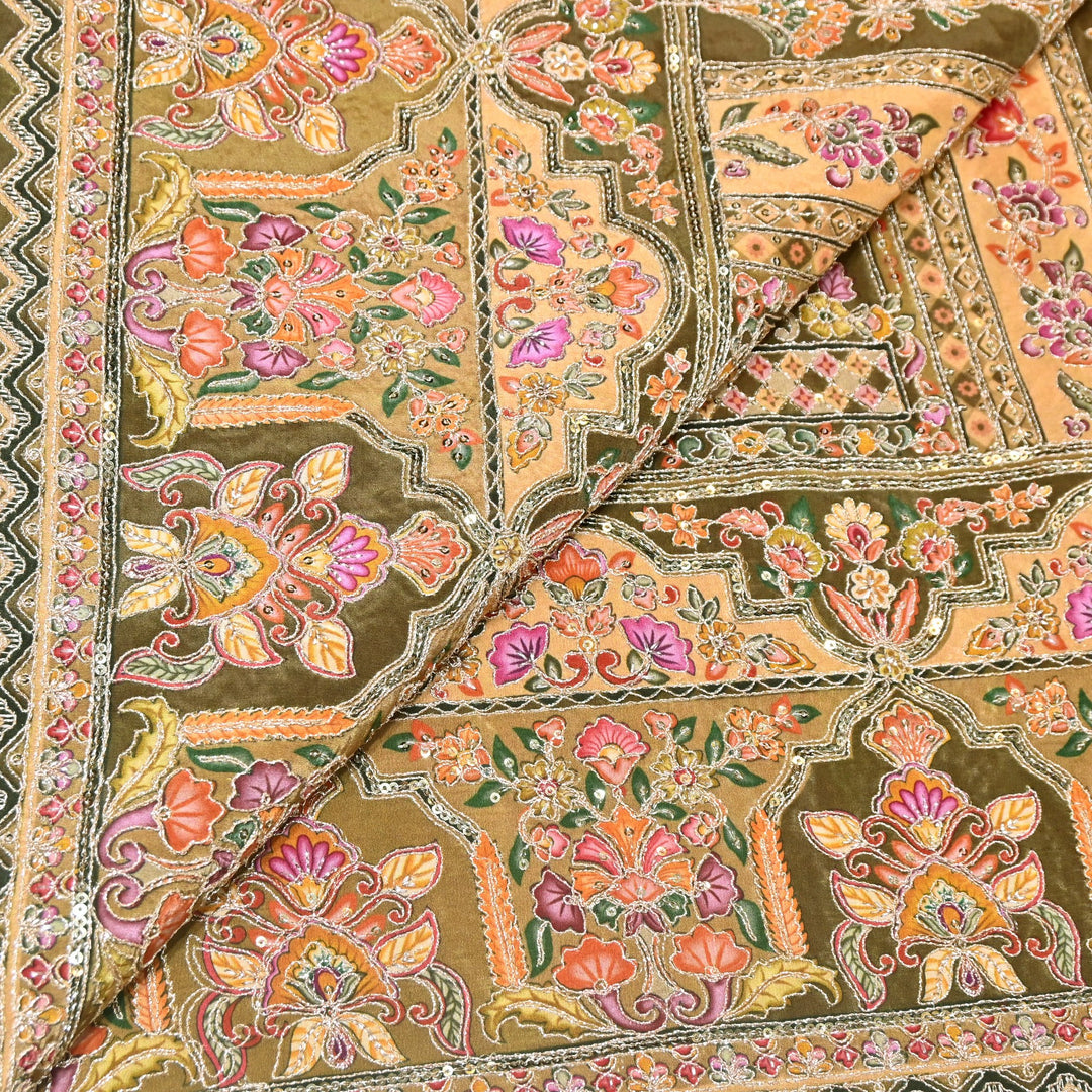 Multi Color Position Print Zari & Sequins Embroidery Fabric – Premium Designer Fabric-KF2672-9