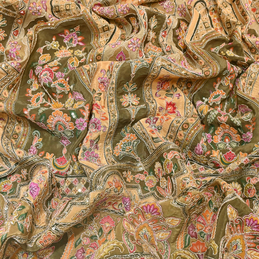 Multi Color Position Print Zari & Sequins Embroidery Fabric – Premium Designer Fabric-KF2672-9