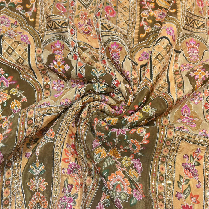 Multi Color Position Print Zari & Sequins Embroidery Fabric – Premium Designer Fabric-KF2672-9