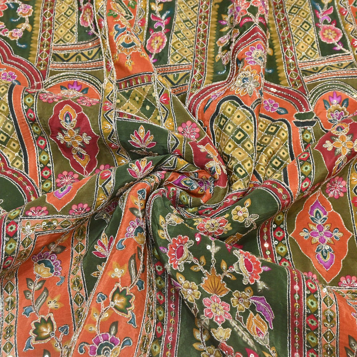 Multi Color Position Print Zari & Sequins Embroidery Fabric – Premium Designer Fabric-KF2672-10