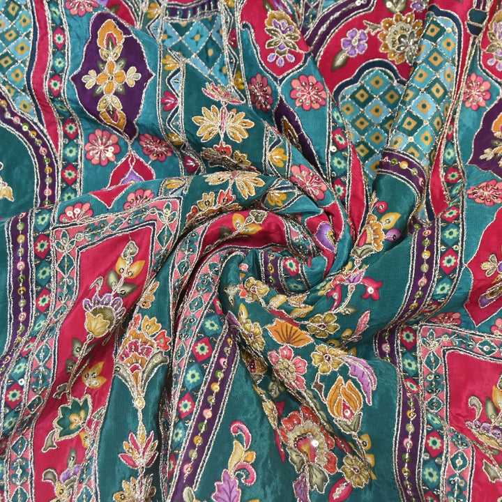 Multi Color Position Print Zari & Sequins Embroidery Fabric – Premium Designer Fabric-KF2672-11
