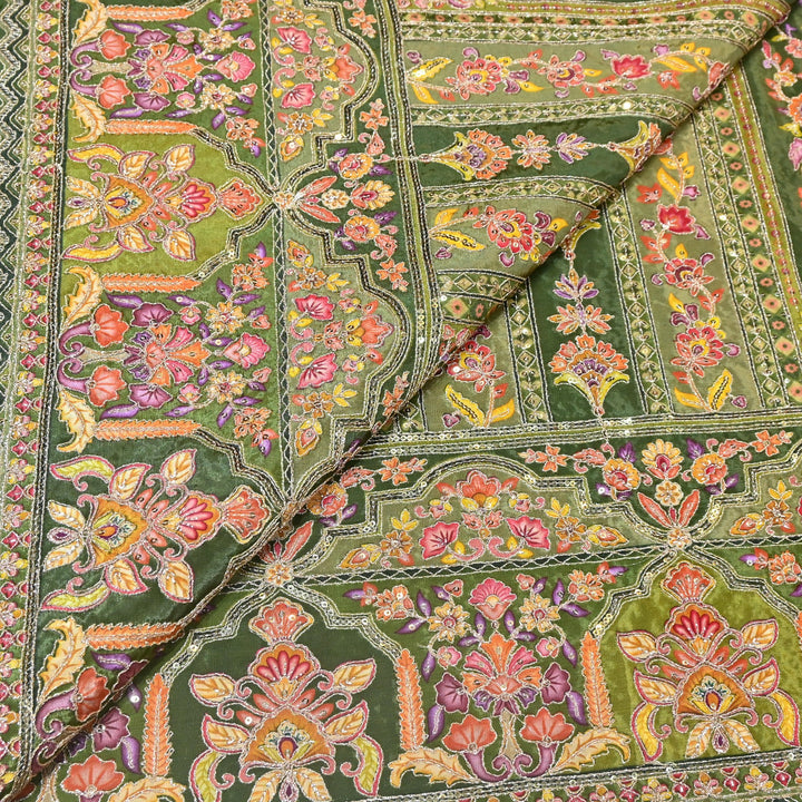Multi Color Position Print Zari & Sequins Embroidery Fabric – Premium Designer Fabric-KF2672-12