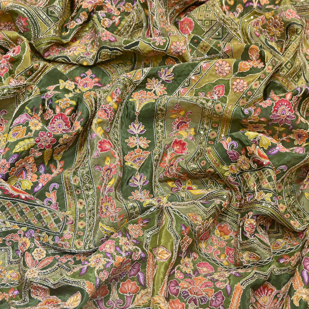 Multi Color Position Print Zari & Sequins Embroidery Fabric – Premium Designer Fabric-KF2672-12