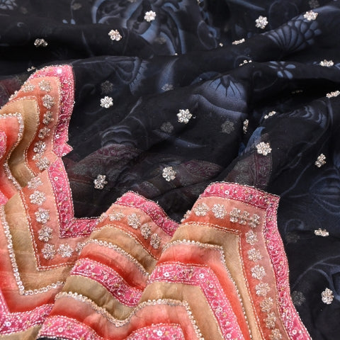Organza Position Print Zari Moti & Sequins Embroidery Fabric – Designer Fabric - 00PB28-2