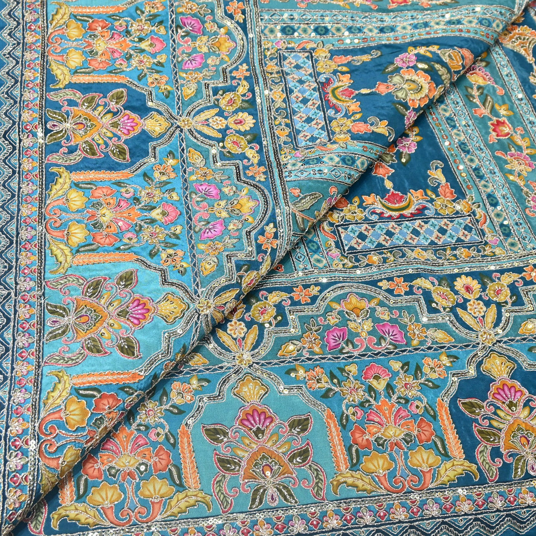 Multi Color Position Print Zari & Sequins Embroidery Fabric – Premium Designer Fabric-KF2672-13