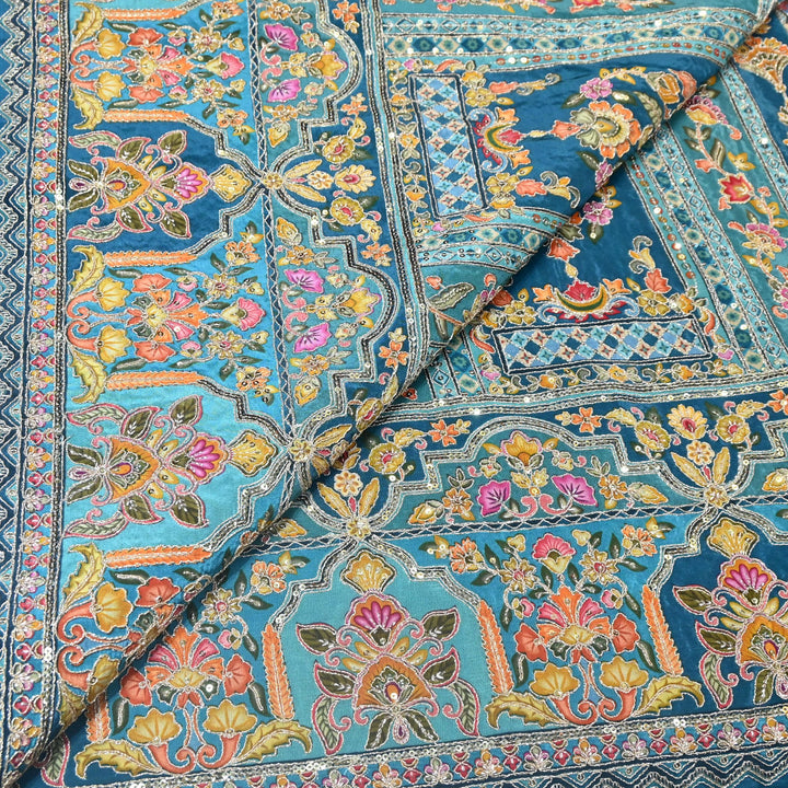 Multi Color Position Print Zari & Sequins Embroidery Fabric – Premium Designer Fabric-KF2672-13