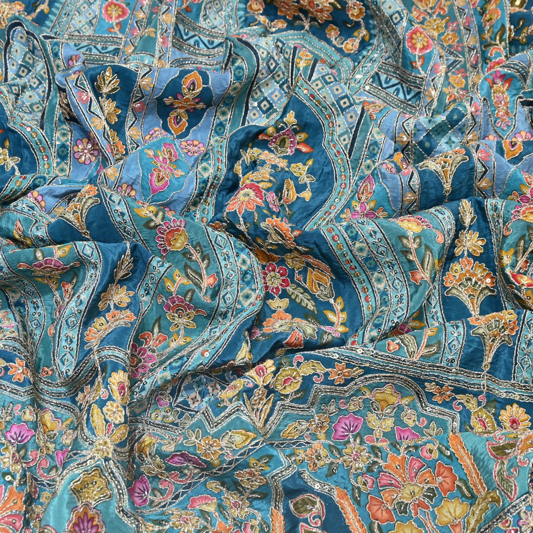 Multi Color Position Print Zari & Sequins Embroidery Fabric – Premium Designer Fabric-KF2672-13