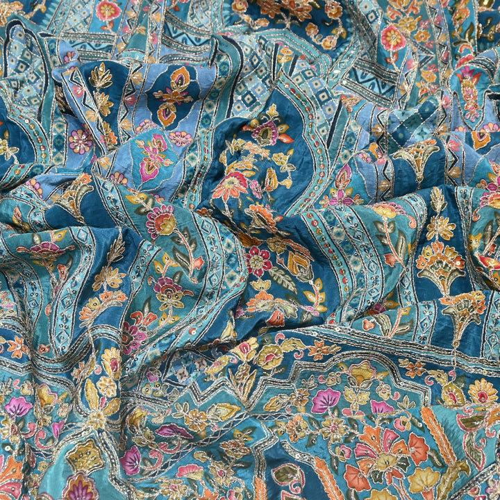 Multi Color Position Print Zari & Sequins Embroidery Fabric – Premium Designer Fabric-KF2672-13