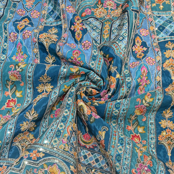 Multi Color Position Print Zari & Sequins Embroidery Fabric – Premium Designer Fabric-KF2672-13
