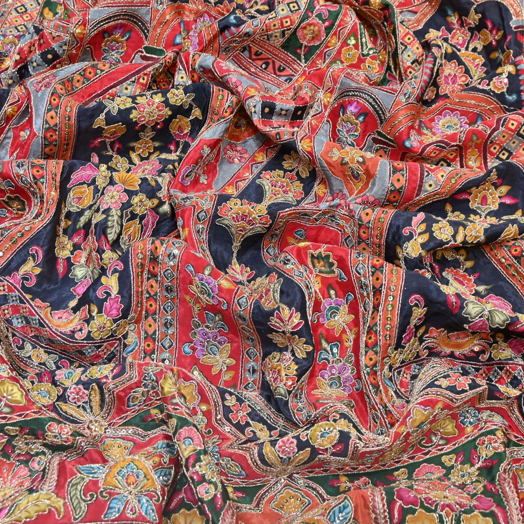 Multi Color Position Print Zari & Sequins Embroidery Fabric – Premium Designer Fabric-KF2672-14