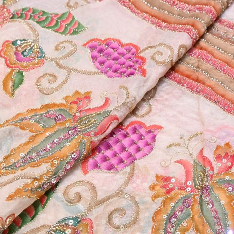 Organza Position Print Zari Moti & Sequins Embroidery Fabric – Designer Fabric - 00PB28-1