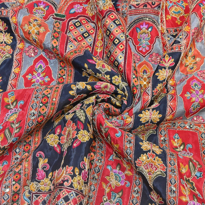 Multi Color Position Print Zari & Sequins Embroidery Fabric – Premium Designer Fabric-KF2672-14