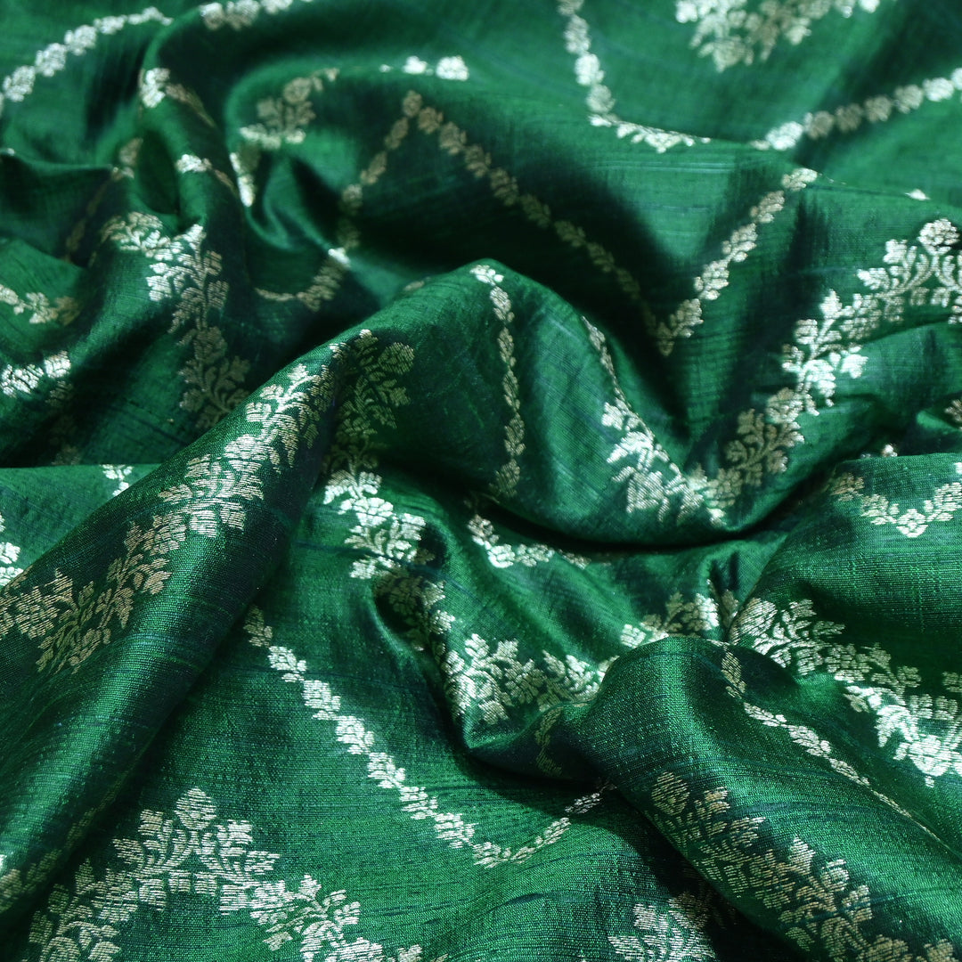 Luxurious Raw Silk Zari Brocade Fabric With Intricate Golden Zari Weaving - 001595-01