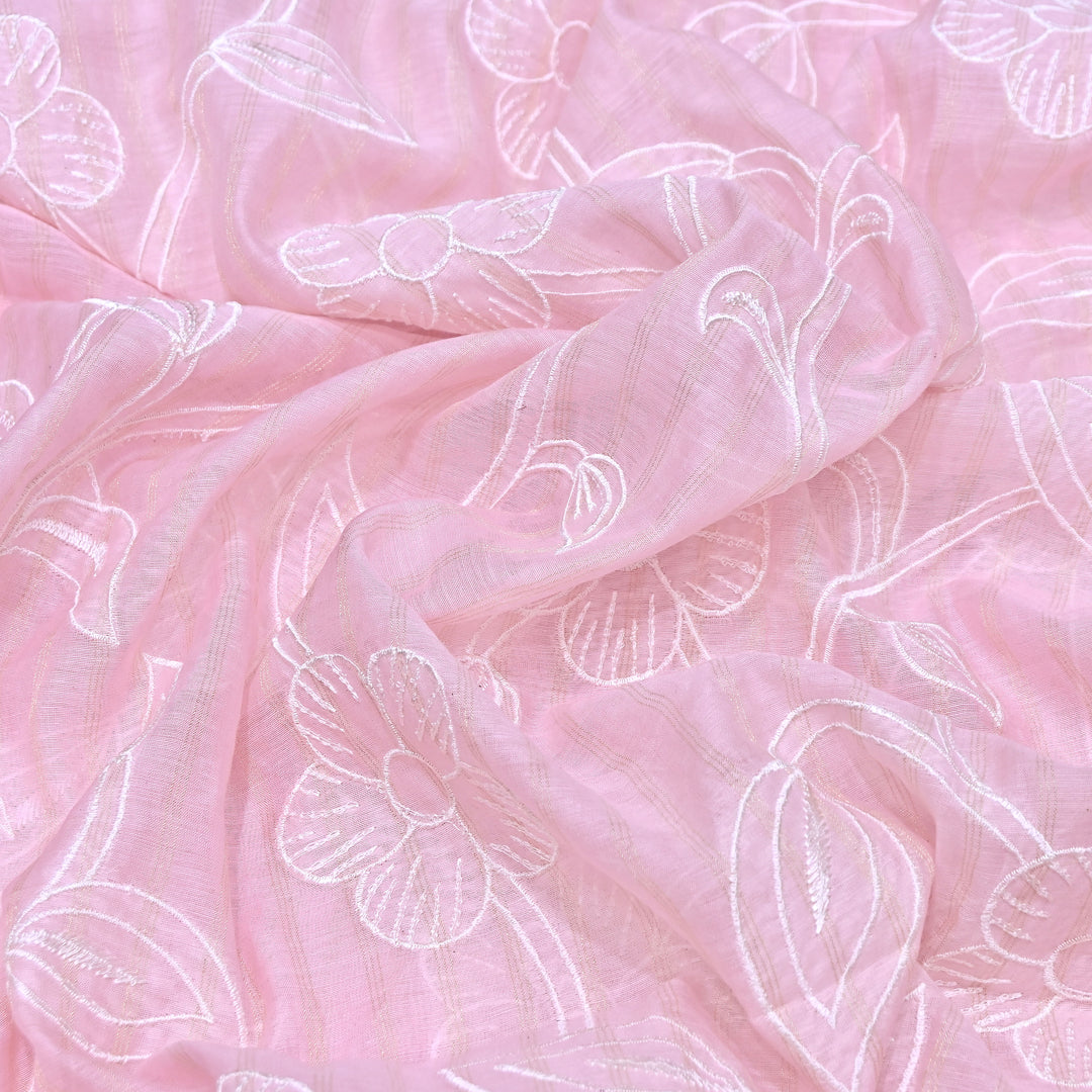 Light Pink Color Mul Chanderi Zari Line Embroidery Fabric – Lightweight Summer Designer Fabric- GP3980-1