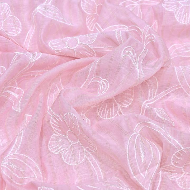 Light Pink Color Mul Chanderi Zari Line Embroidery Fabric – Lightweight Summer Designer Fabric- GP3980-1