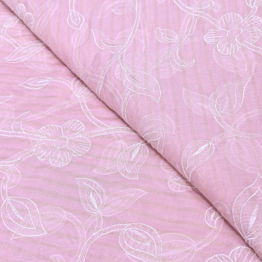 Light Pink Color Mul Chanderi Zari Line Embroidery Fabric – Lightweight Summer Designer Fabric- GP3980-1