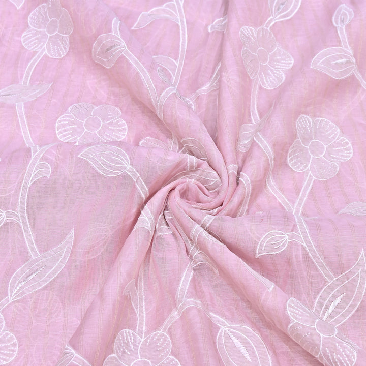 Light Pink Color Mul Chanderi Zari Line Embroidery Fabric – Lightweight Summer Designer Fabric- GP3980-1